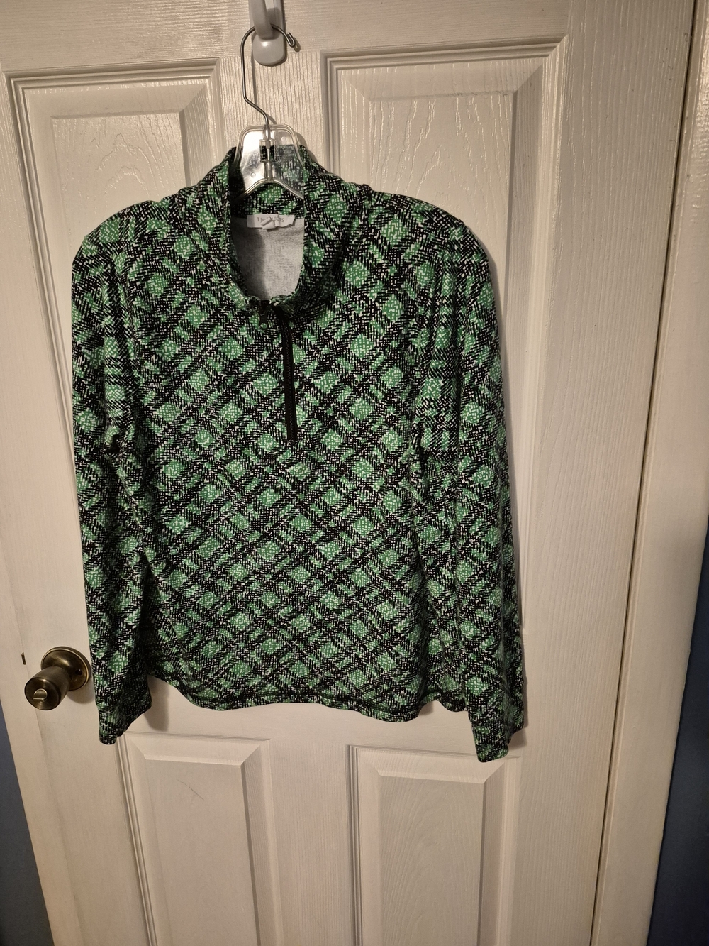 T by Talbots Green and Black Patterned 3/4 Zip Knit Top